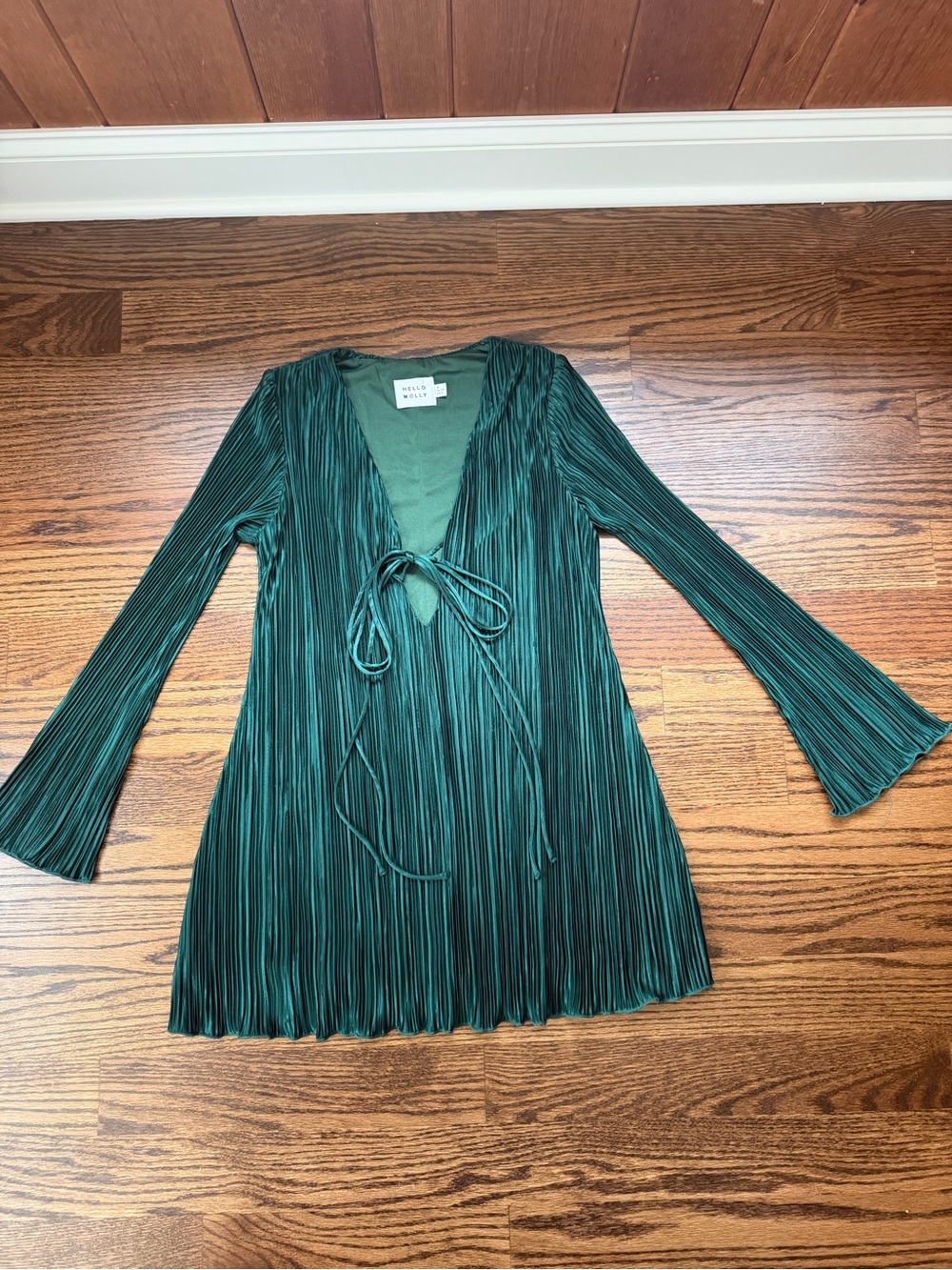 Hello Molly Emerald Green Pleated Mini Dress with Deep V and Tie Front